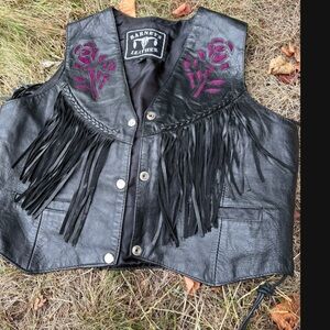 Black Leather Fringe Vest with Pink Embroidery